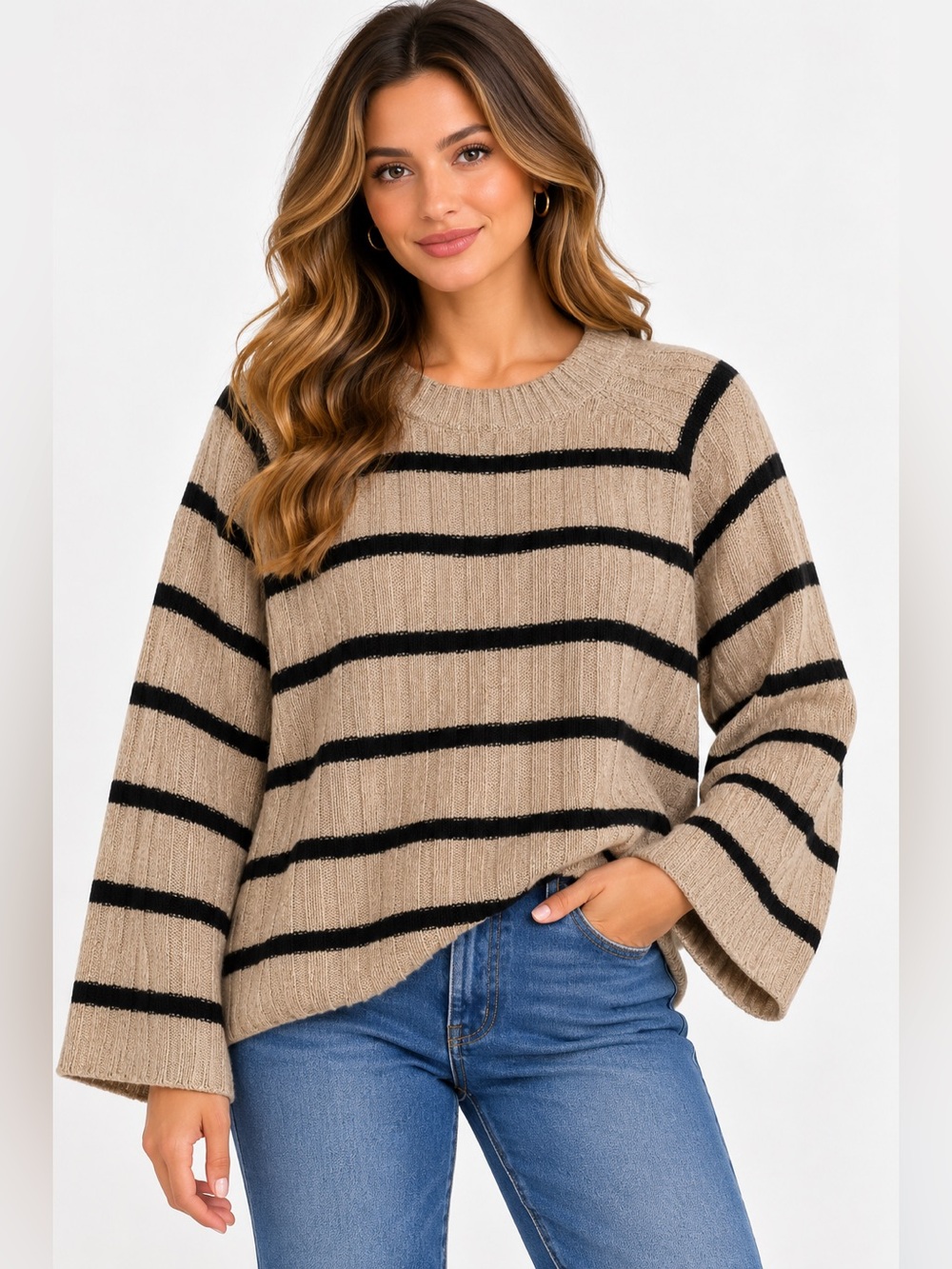 b.young Striped Knit Sweater in Brown & Black